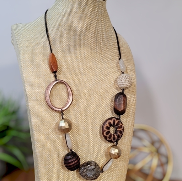 Statement Necklace Wooden Beads Copper Tone Ring Crochet Textured Boho - Picture 1 of 9